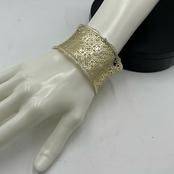 Kendra Scott Designer Candice Gold Tone Filigree Concave Wide Cuff Bracelet - Picture 2 of 13